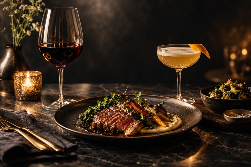 Elegant dinner with wine and food